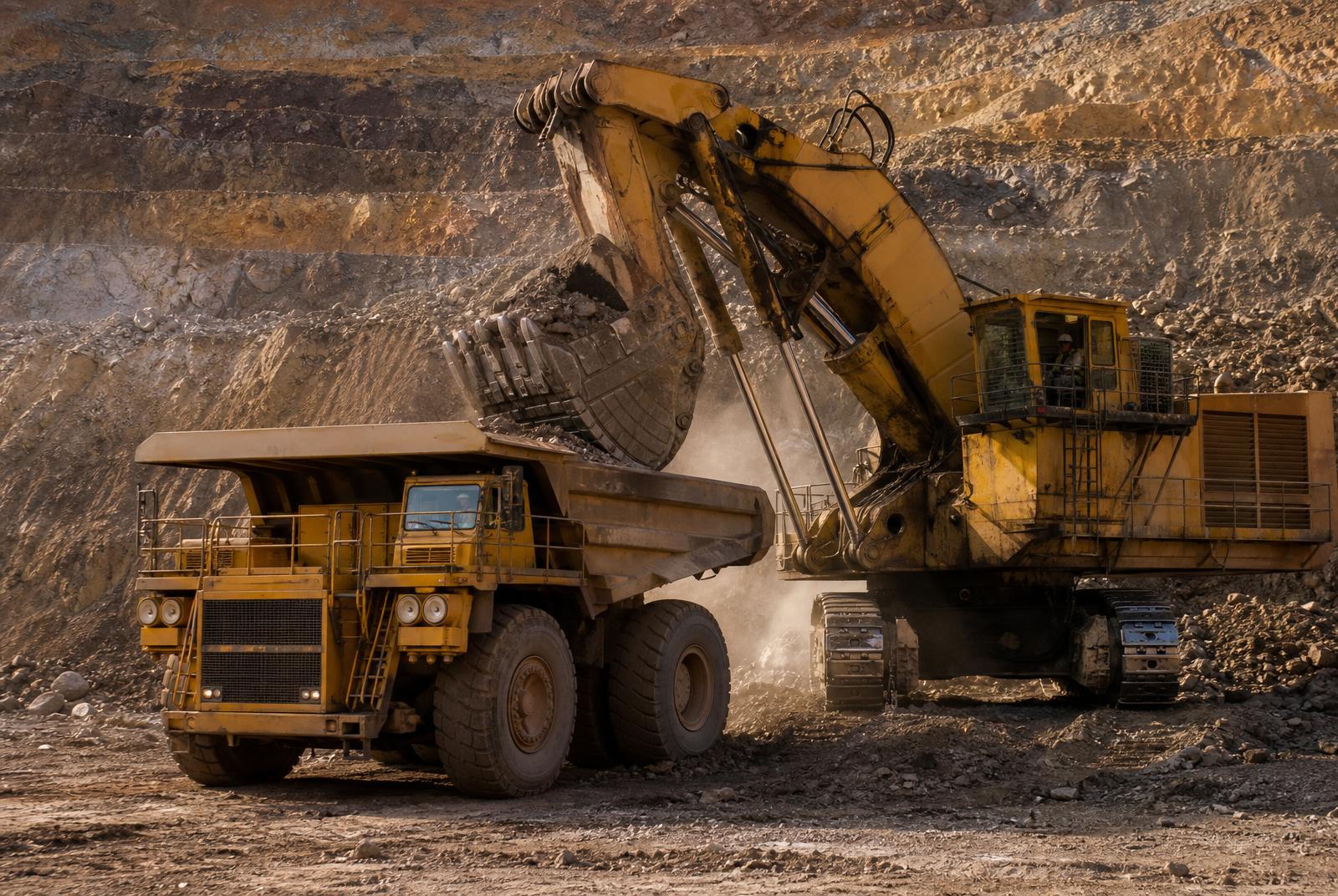 Caterpillar mining haul truck being loaded by a hydraulic excavator in an open-pit mine — heavy-duty diesel mining equipment