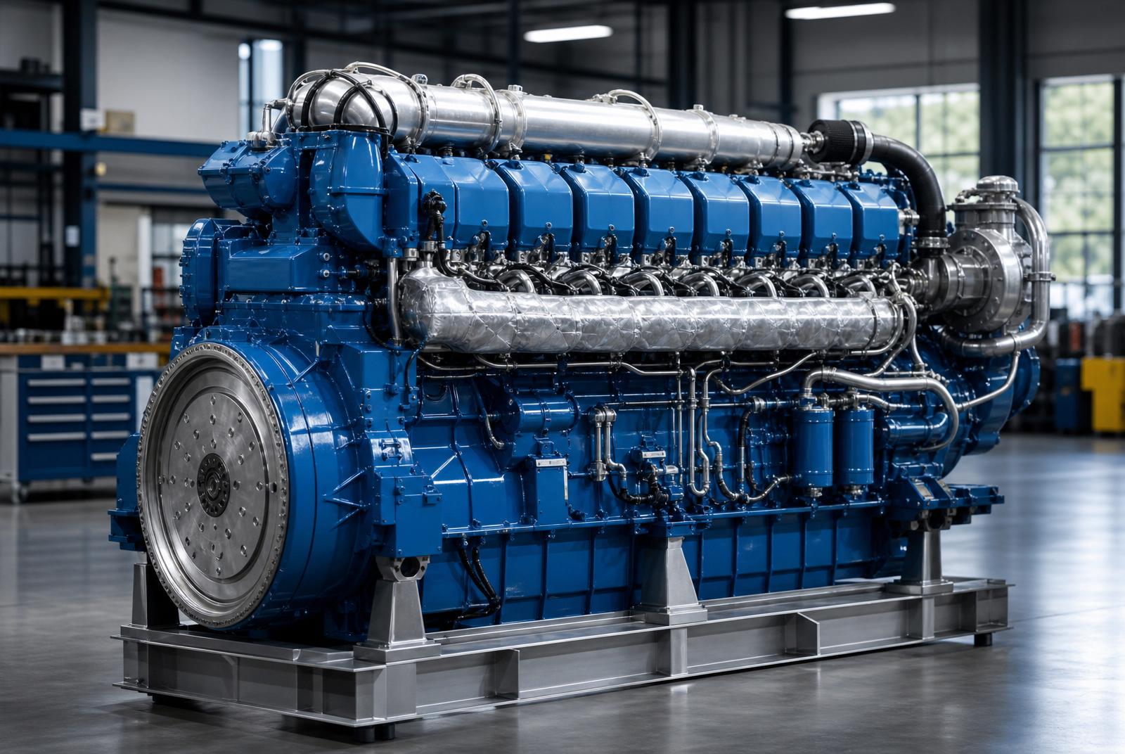 Wärtsilä 32 medium-speed marine diesel engine — full inline view of cylinder block, turbocharger and flywheel